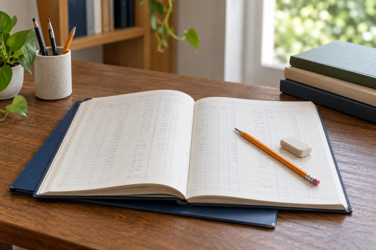 A ledger notebook with correction notes and an eraser ready for reviewing errors