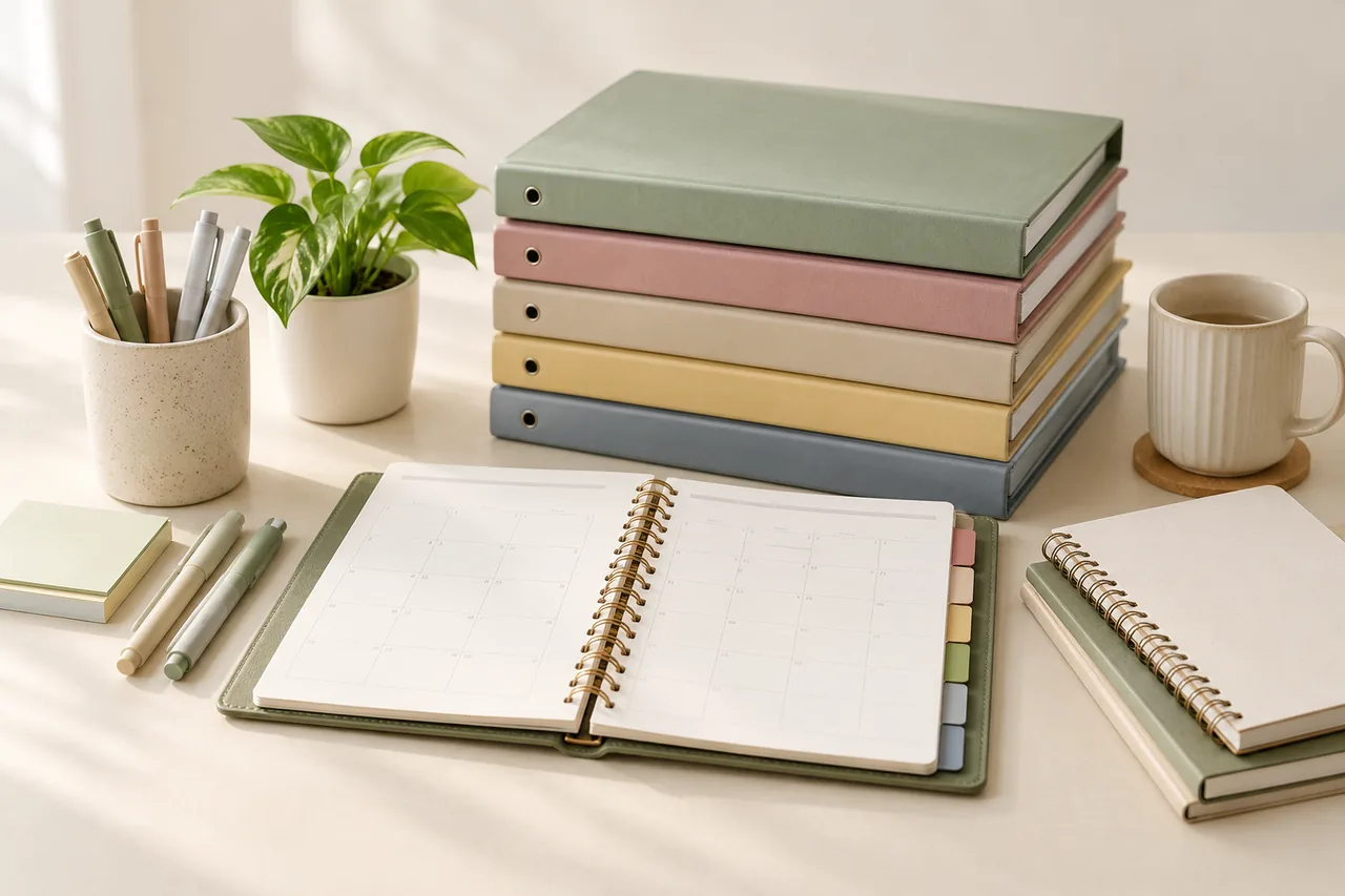A study planner and tabbed accounting folders arranged by topic