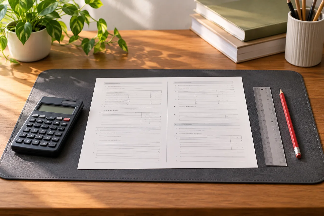 Two-column accounting worksheets and a calculator arranged for checking totals