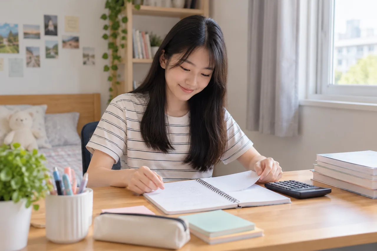 A student preparing a notebook and pencil for a first accounting lesson