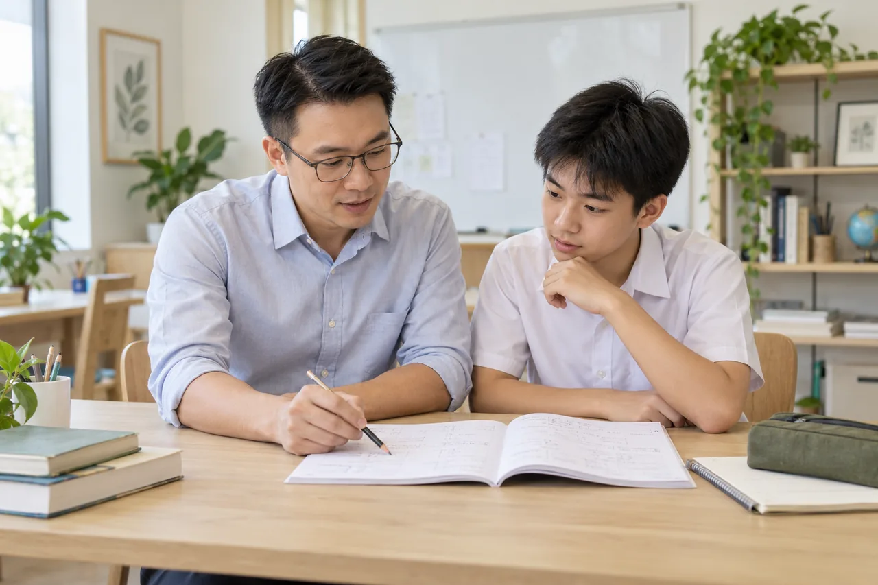 A teacher guiding a student through written accounting workings