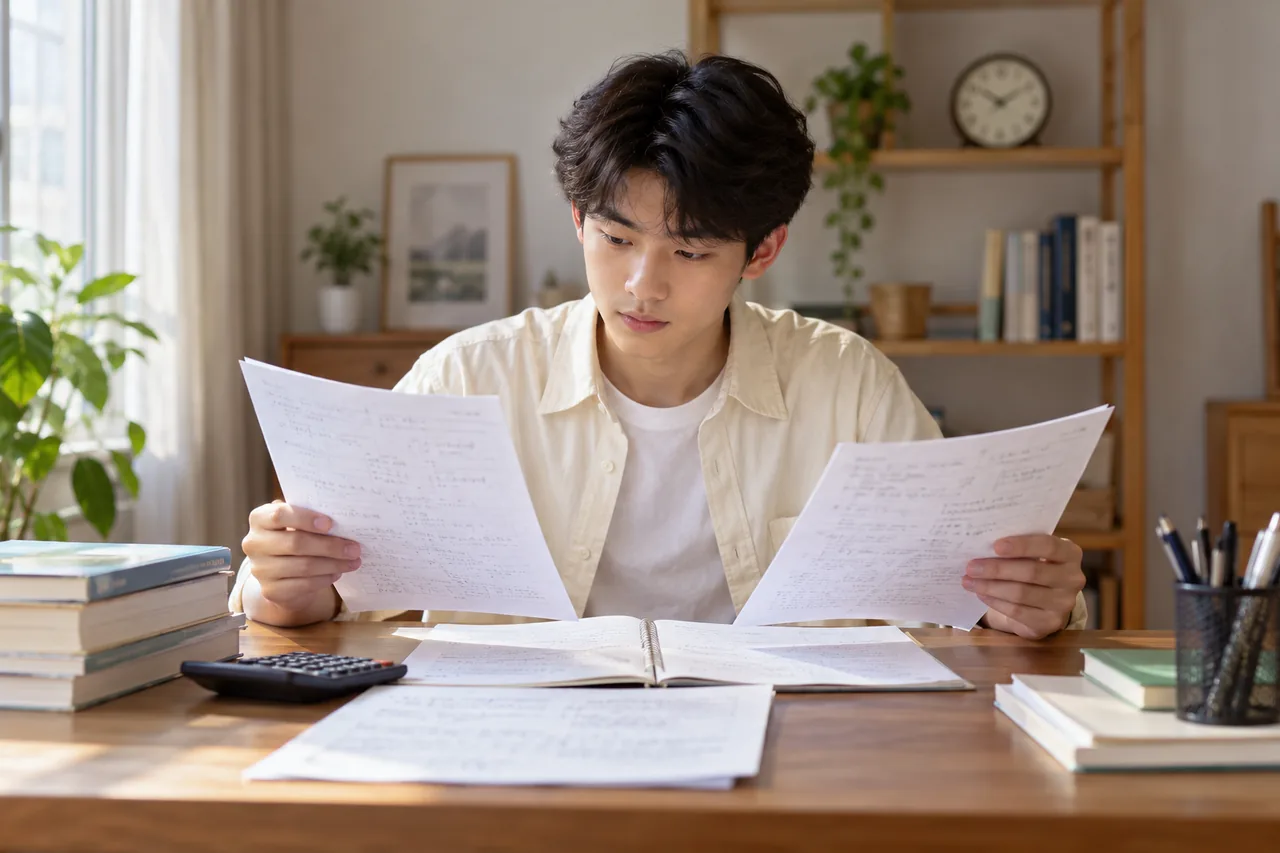 A student checking accounting answers during exam preparation