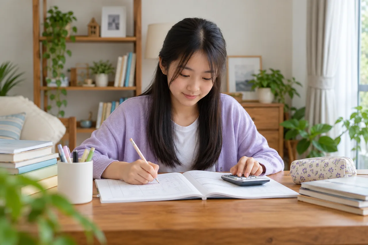 A student beginning accounting practice in a simple ruled workbook