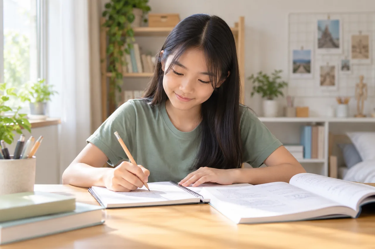 A student building accounting skills with notes and practice exercises